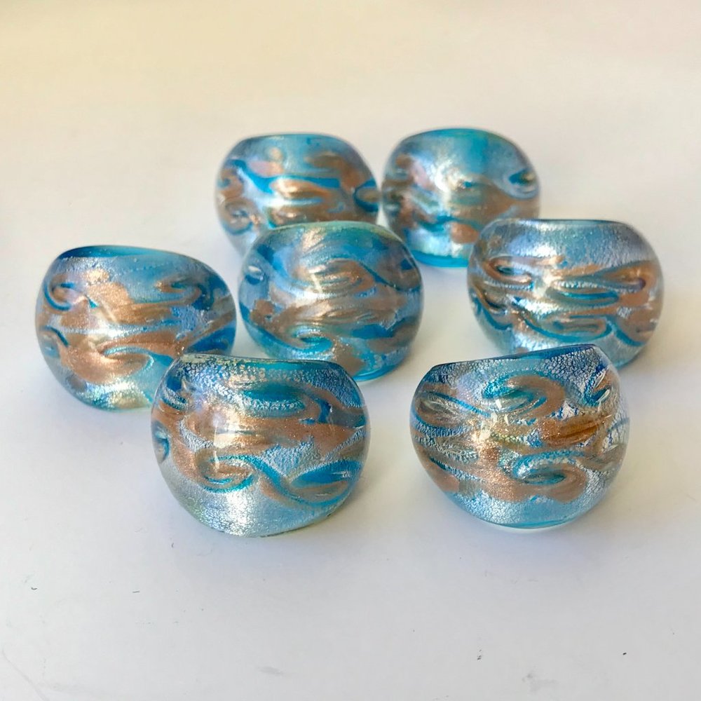 Vintage Murano Style Art Glass Dome Cocktail Ring Size 7 Aqua Blue Metallic - Picture 4 of 12